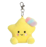 Plush star-shaped keychain with a smiling face on a white background