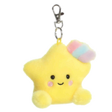 Plush star-shaped keychain with a smiling face and colorful pom-pom on a white background