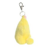 Yellow fluffy keychain with a metal clip on a white background