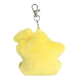 Yellow plush keychain with a metal clip on a white background