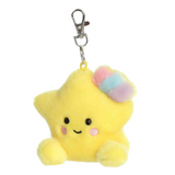Plush star keychain with a rainbow pom-pom on a white background
