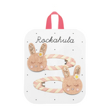 Set of bunny-shaped hair clips on a Rockahula branded card.