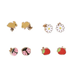 Set of small earrings including animal, flower, watermelon, and strawberry designs on a white background.