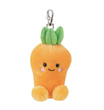Plush carrot keychain with a smiling face on a white background