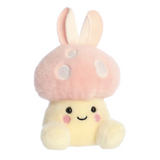 Plush toy with a pink mushroom cap and bunny ears on a white background