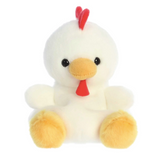 Plush toy chicken with a red comb on a white background