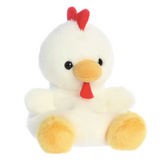 Plush toy chicken with a red comb on a white background