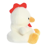 Plush toy chicken with a red comb on a white background