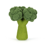 Green plush toy shaped like broccoli on a white background