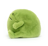 Green plush frog toy on a white background
