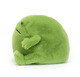 Green plush frog toy on a white background