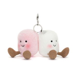 Two plush marshmallow characters with a keychain on a white background