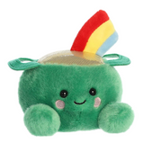 Green plush toy with a rainbow-colored hat on a white background