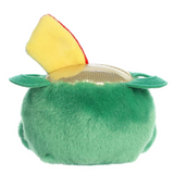 Green plush toy with a yellow and red top on a white background