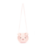 Pink plush bag shaped like a piglet on a white background