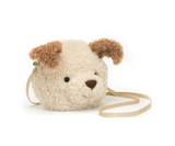 Dog-shaped plush bag with a strap on a white background
