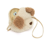Plush dog-shaped bag with a strap on a white background