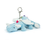 Plush keychain shaped like a blue creature with a silver clasp on a white background