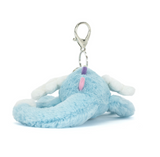 Plush blue creature keychain with a clip on a white background