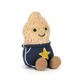 Plush toy resembling a bean with glasses and a star on a white background