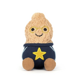 Plush toy resembling a character with glasses and a star on a white background