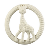 An off-white silicone baby teething ring featuring a sculpted giraffe figure in the center and the brand name 'Sante la petite' embossed on the left side, set against a plain white background.