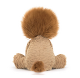 Back view of a plush toy resembling a hedgehog with brown fur on a white background