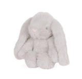 Plush gray bunny toy on a white background