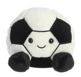 Plush toy shaped like a soccer ball with a smiling face on a white background
