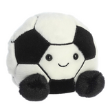 Plush toy shaped like a soccer ball with a smiling face on a white background