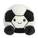 Plush toy shaped like a soccer ball with a smiling face on a white background