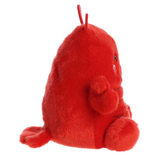 Red plush toy with a happy expression on a white background