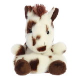 Plush toy horse with brown and white pattern on a white background