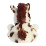 Plush giraffe toy with brown spots on a white background