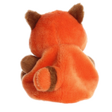 Plush toy resembling a fox with orange fur and brown accents on a white background