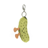 Keychain shaped like a pickle with a brown stem on a white background