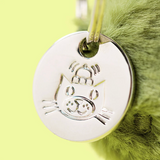 Silver cat-shaped tag on a green fluffy background