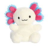Plush toy resembling a axolotl with pink and blue 'hair' on a white background