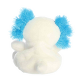 White plush toy with blue ears on a white background
