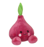 Plush toy shaped like a red pear with a green leaf on a white background