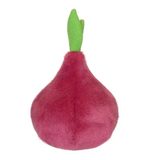 Plush toy shaped like a red onion with a green stem on a white background