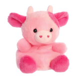 Pink plush toy with a cute face on a white background