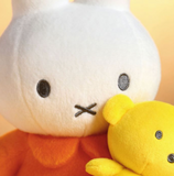 Plush toy with a face and a yellow duck-like figure on a beige background