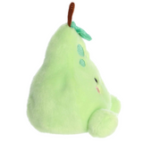 Plush toy shaped like a green pear with a face on a white background