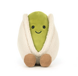 Plush toy shaped like a green vegetable with a smiling face on a white background