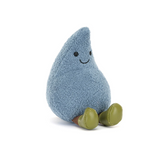 Plush toy shaped like a blue droplet with green feet on a white background