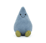 Blue plush toy shaped like a droplet with green feet on a white background
