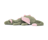 Green plush toy with pink accents on a white background