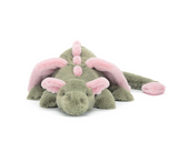 Plush toy dragon with pink accents on a white background