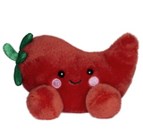 Plush toy resembling a red bean with a smiling face on a white background